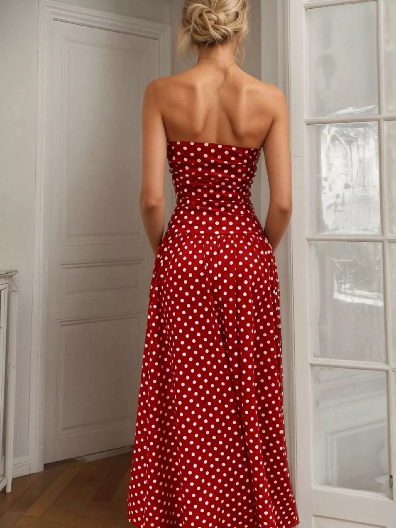 Polka dot strapless maxi dress by Shopimist, flowing fabric with a fitted bodice and full-length skirt, perfect for summer occasions.