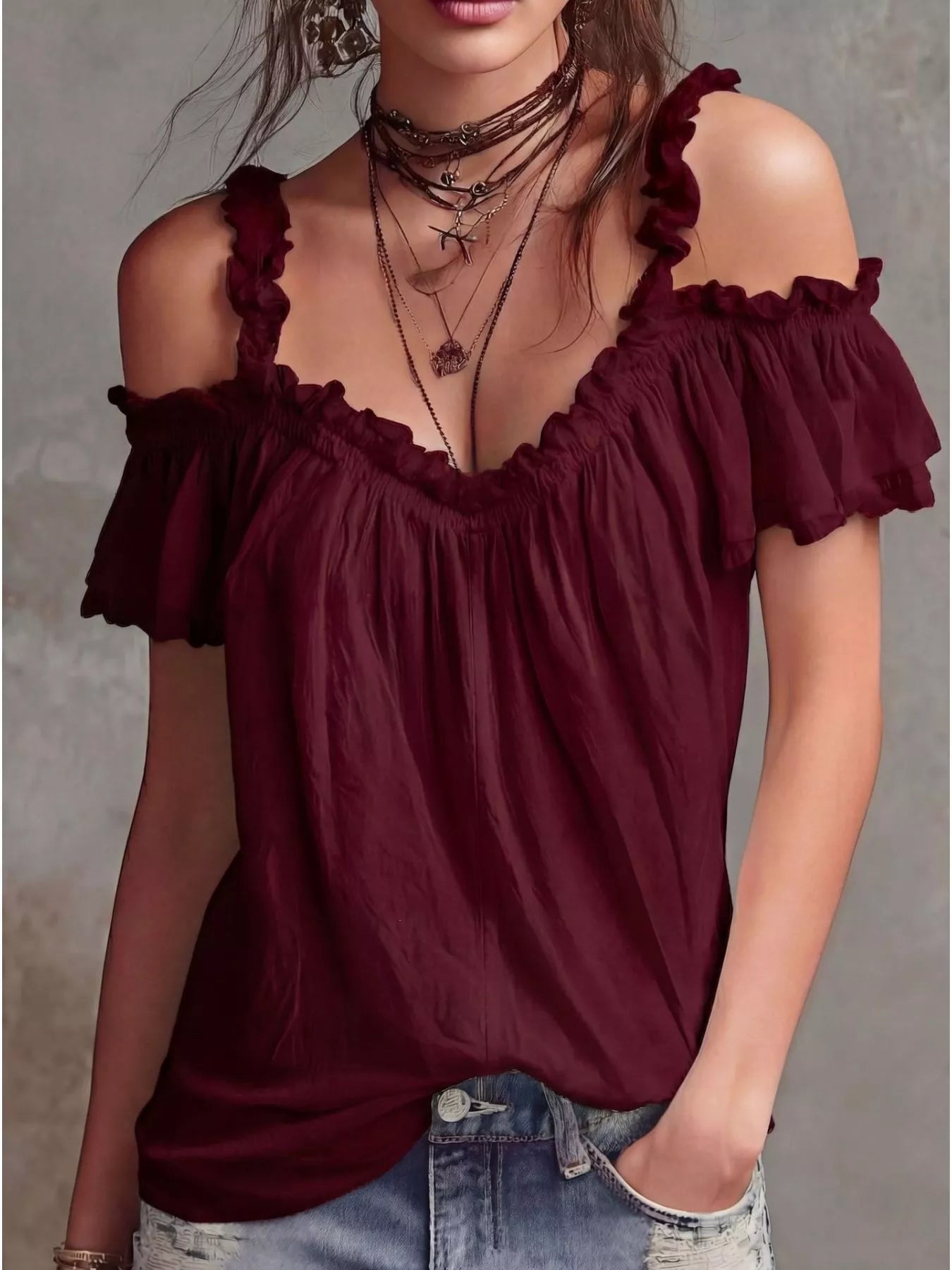 Plush Fashion Hub frill cold shoulder blouse with ruffled sleeves and lightweight fabric, perfect for casual and summer wear.