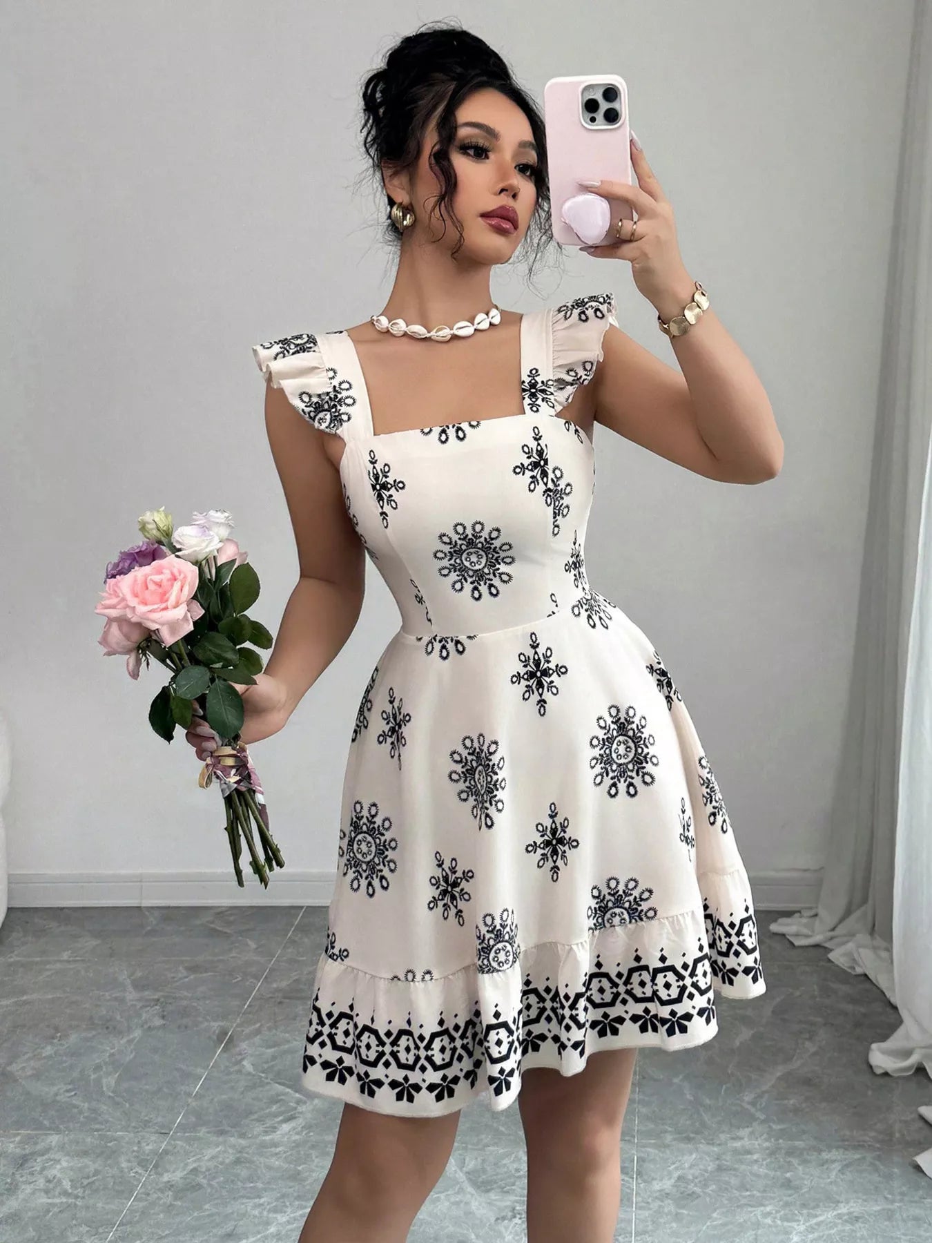 Printed bow back square neck mini dress by Shopimist featuring a stylish square neckline and bow detail at the back.