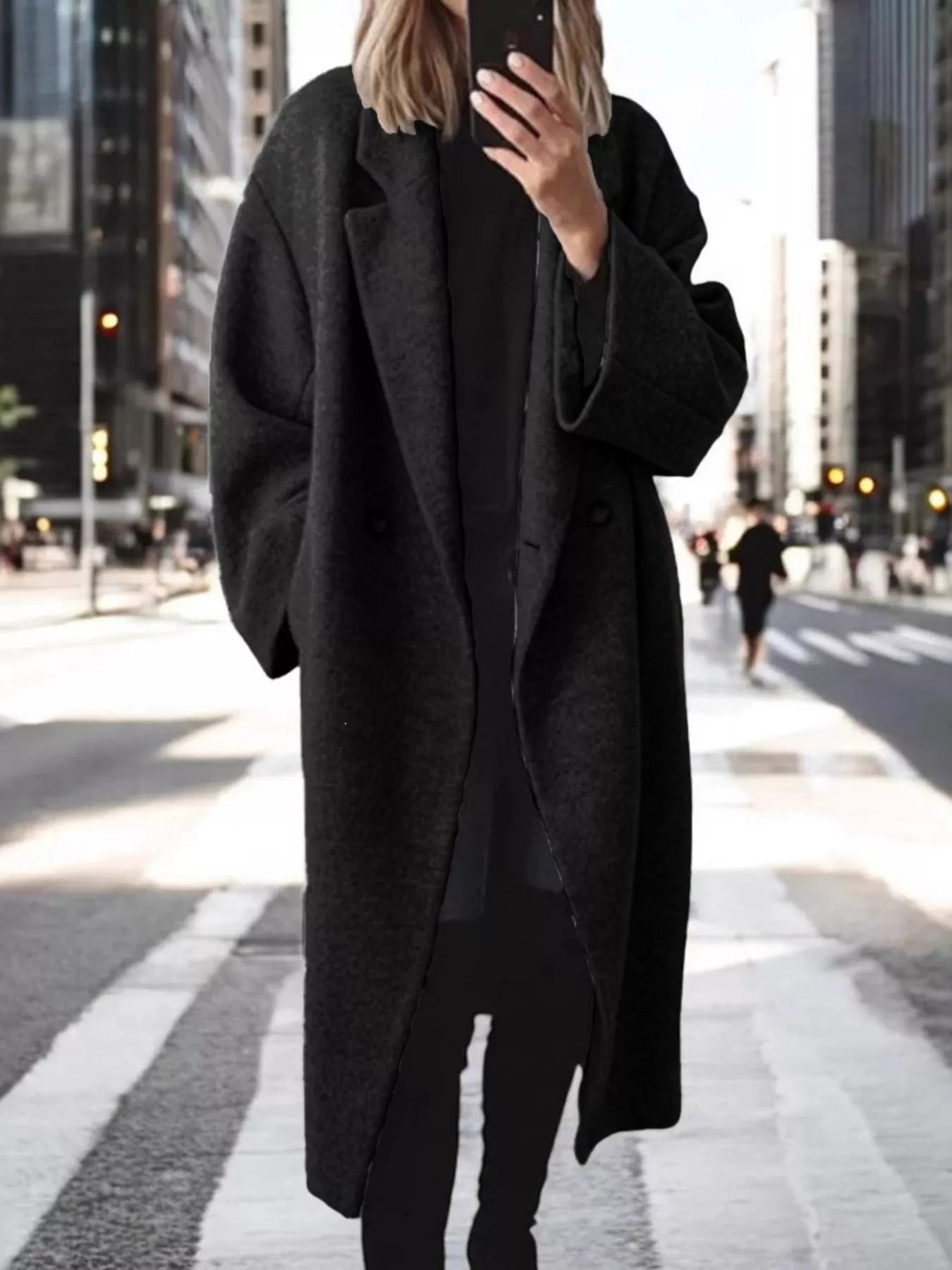 Plus size longline wool blend coat with lapel collar, casualwear by Trendsi, shown in full size on a model.