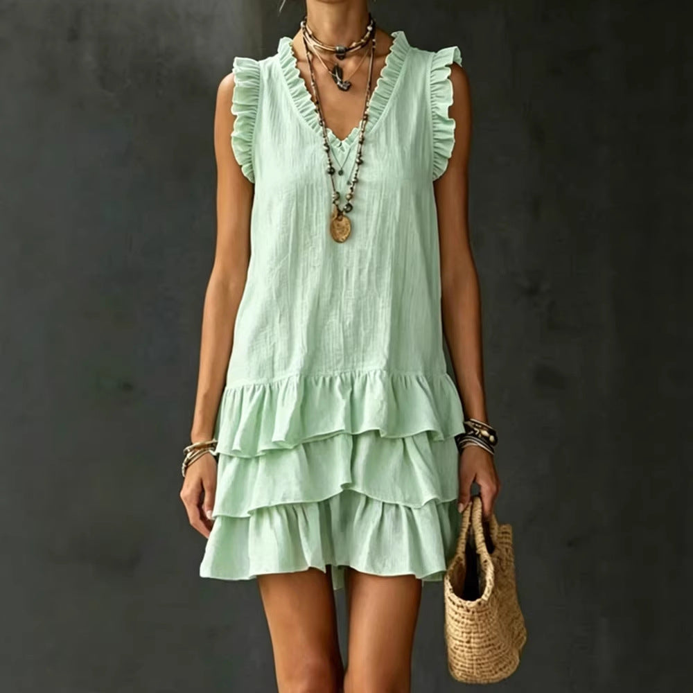 V-neck ruffle-trim tiered sleeveless midi dress by FitiqueFit in four colors, available in sizes S to XXL, casual summer style.