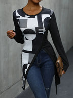 Trendy Perfee geometric round neck long sleeve T-shirt in a stylish design, made by Trendsi, perfect for casual wear.