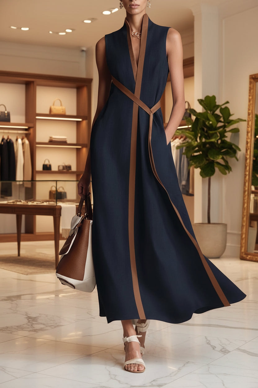 Women's sleeveless color block stand collar dress in casualwear style, featuring vibrant fabric and relaxed fit from Plush Fashion Hub.