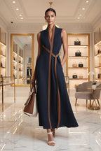 Women's color block sleeveless stand collar dress by Plush Fashion Hub, casualwear style with vibrant color sections and a stand collar.