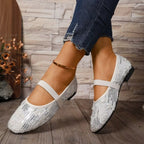 Women's sparkling sequin slip-on flats with round toe from Trendsi, featuring glamorous design and comfortable fit.