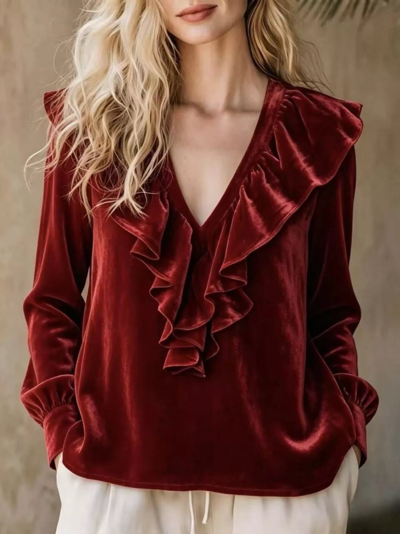 Plus size long sleeve v-neck ruffled blouse in various full sizes, Stylish Trendsi top with elegant ruffle details.