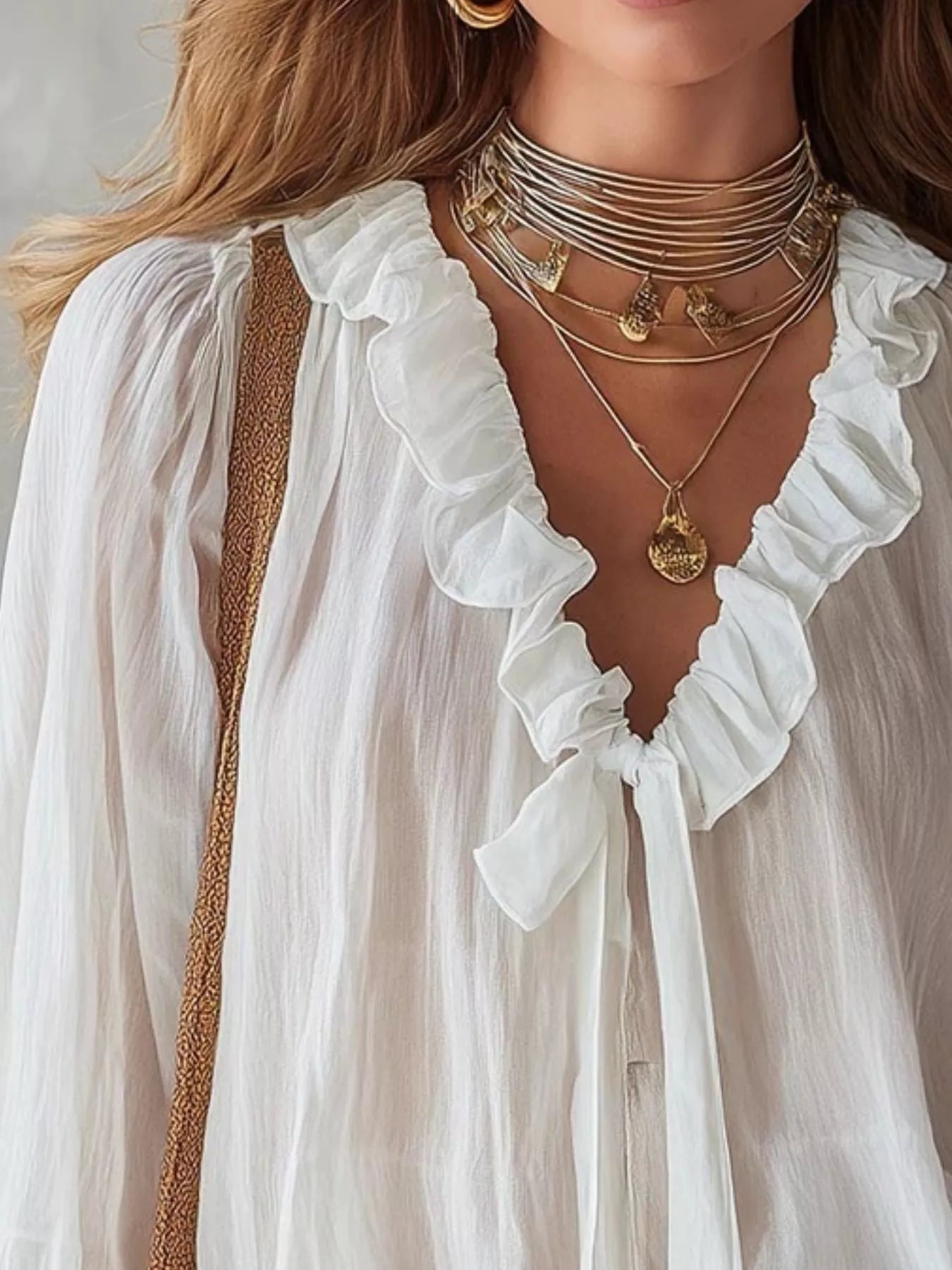 Plush Fashion Hub ruffle long sleeve blouse with feminine details and lightweight fabric, shown on a model.