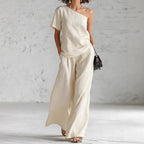 Women's wide-leg pants and top set from FitiqueFit, casualwear with three-quarter sleeves and relaxed fit.
