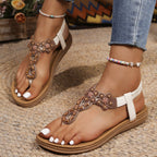 Bohemian rhinestone beaded thong sandals with comfortable elastic ankle strap and flat sole, trendy fashion shoe by Trendsi