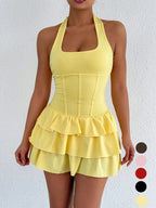 Halter neck ruffle layered dress by Plush Fashion Hub featuring a stylish design with ruffles and a flattering fit.