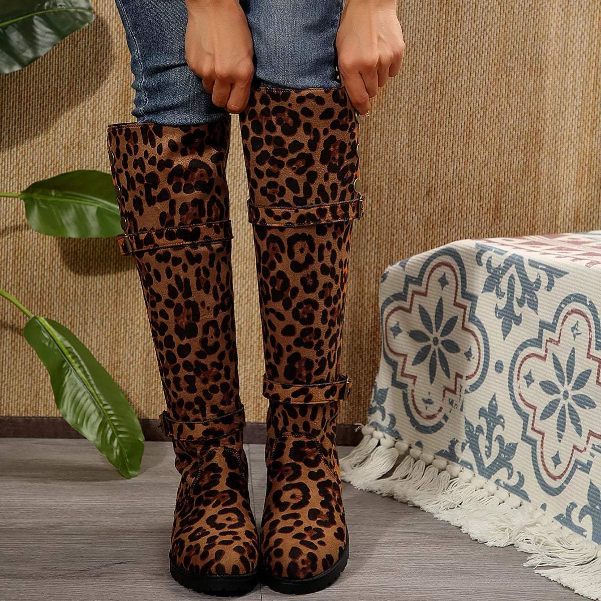 Leopard block heels boots by Trendsi featuring stylish animal print, chunky heel, and ankle-high design for fashionable footwear.