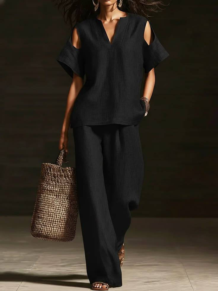 FitiqueFit two-piece V-neck short sleeve top and straight-leg pants set with ripped details, pockets, in a solid color.