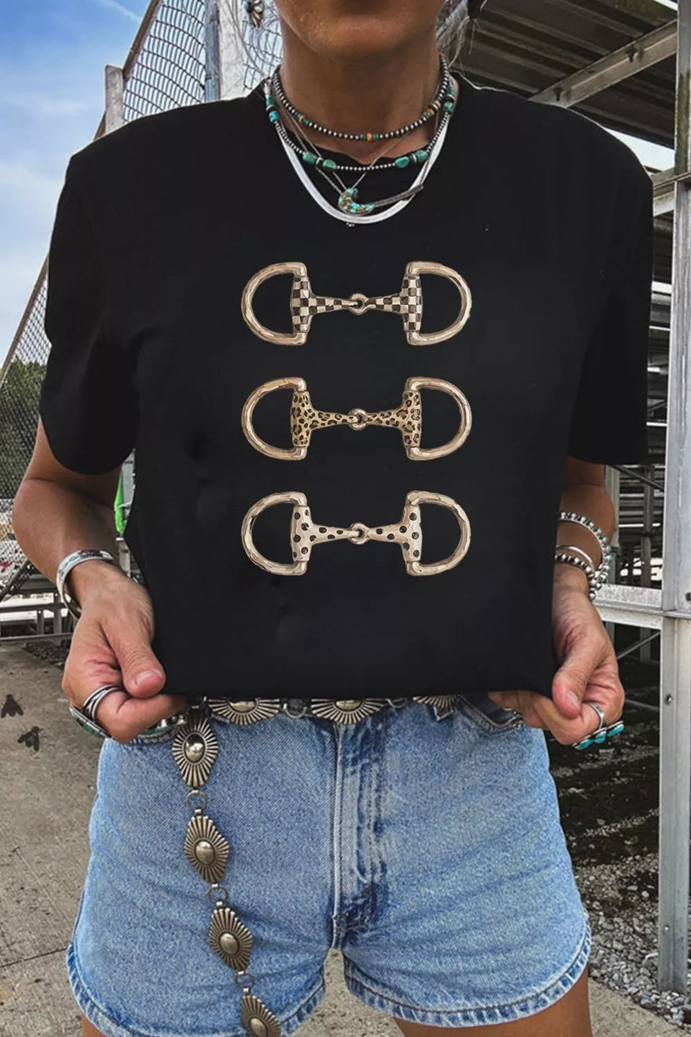 Western horse bit printed relaxed T-shirt from Plush Fashion Hub, showing a casual fit with detailed horse bit design.