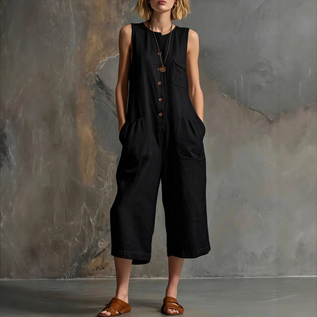 Women's retro sleeveless wide-leg cropped jumpsuit by FitiqueFit, featuring a casual, stylish design with a fitted waist and wide-leg silhouette.