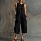 Women's retro sleeveless wide-leg cropped jumpsuit by FitiqueFit, featuring a casual, stylish design with a fitted waist and wide-leg silhouette.