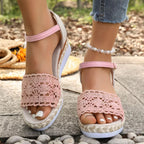 Women's crochet espadrille platform sandals with mid-heel, stylish summer shoes featuring woven upper and jute sole.