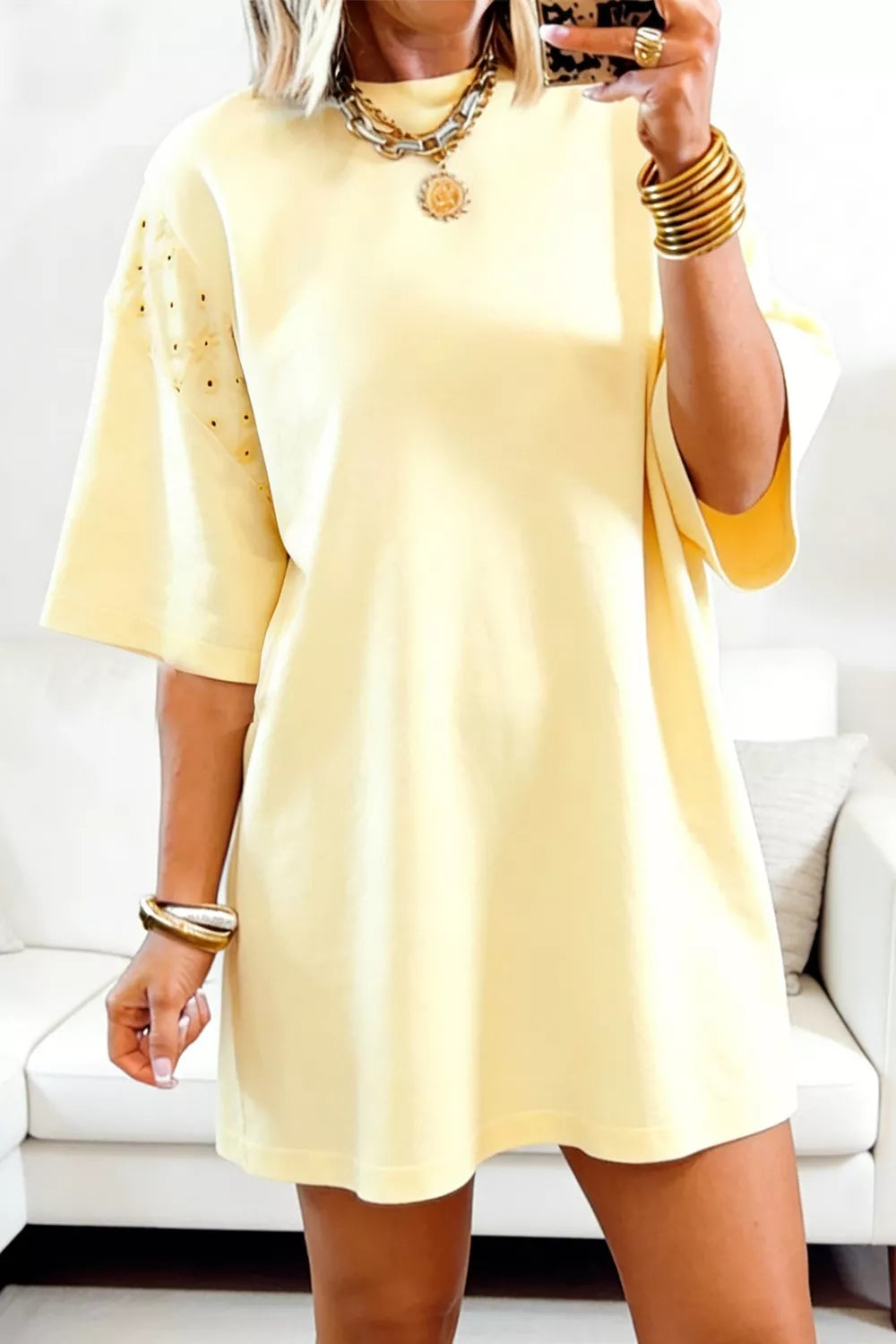Round neck half sleeve T-shirt dress by Plush Fashion Hub, casual fit, soft fabric, styled with a relaxed silhouette.