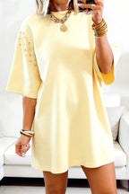 Round neck half sleeve T-shirt dress by Plush Fashion Hub, casual fit, soft fabric, styled with a relaxed silhouette.