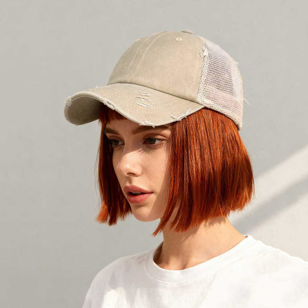 Distressed washed mesh baseball cap by FitiqueFit, frayed edges, unisex design, perfect for outdoor and daily casual wear.