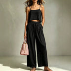 Women’s casual summer two-piece set with camisole and wide-leg pants from Plush Fashion Hub, shown in a relaxed fit and soft fabric.
