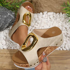 Shopimist open toe wedge sandals with a cork heel, featuring stylish straps and a comfortable design for warm-weather wear.