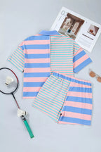 Stripe Exposed Seam Mixed Patchwork Loose Short Set by Shopimist, featuring a stylish striped and patchwork design, casual fit.