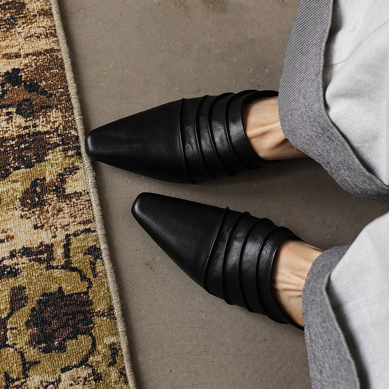 Handmade sheepskin ruched mule slides with square toe and low heel, stylish footwear by FitiqueFit.