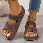 Women’s open toe platform flat sandals by Trendsi, featuring comfortable PU leather design and summer-ready style.