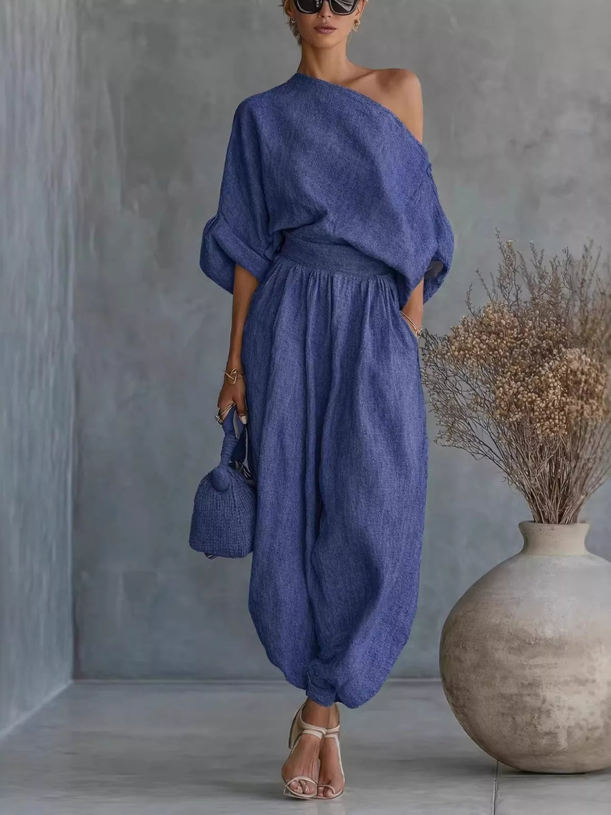 Plush Fashion Hub plush loungewear set with one-shoulder top and joggers, comfortable and stylish for relaxed wear.