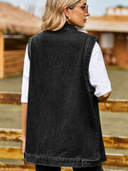 VYSN button down denim vest with classic collar and sleeveless design, shown in light blue denim fabric.