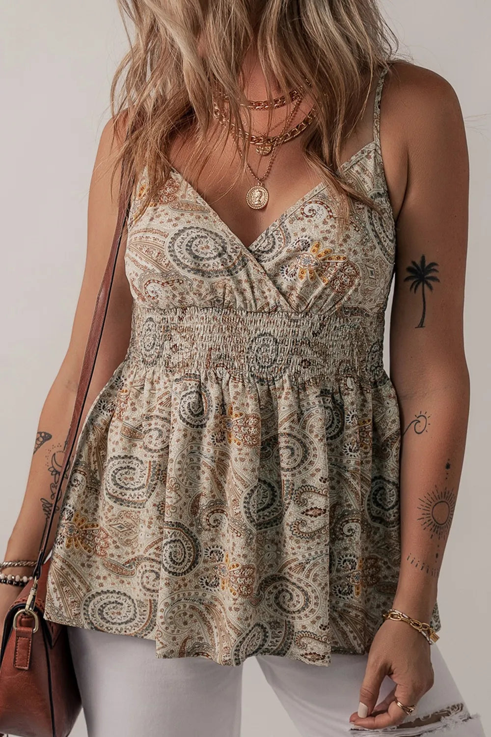 Paisley printed smocked babydoll camisole from Plush Fashion Hub, featuring a flowy silhouette and delicate straps.