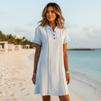 Women's printed button-up midi dress with stand collar and 3/4 sleeves, loose fit, by Plush Fashion Hub