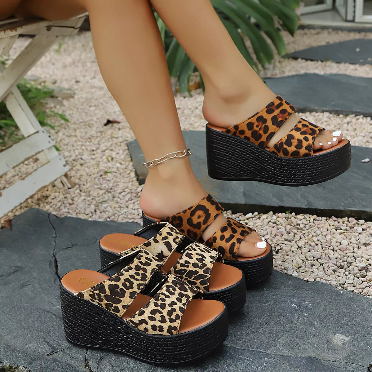 Leopard print open toe platform sandals by Plush Fashion Hub featuring chunky heels and stylish animal pattern design.