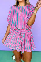 Stripe Dolman short sleeve blouse with drawstring elastic waist, part of Shopimist's loose short set, shown in a stylish, casual look