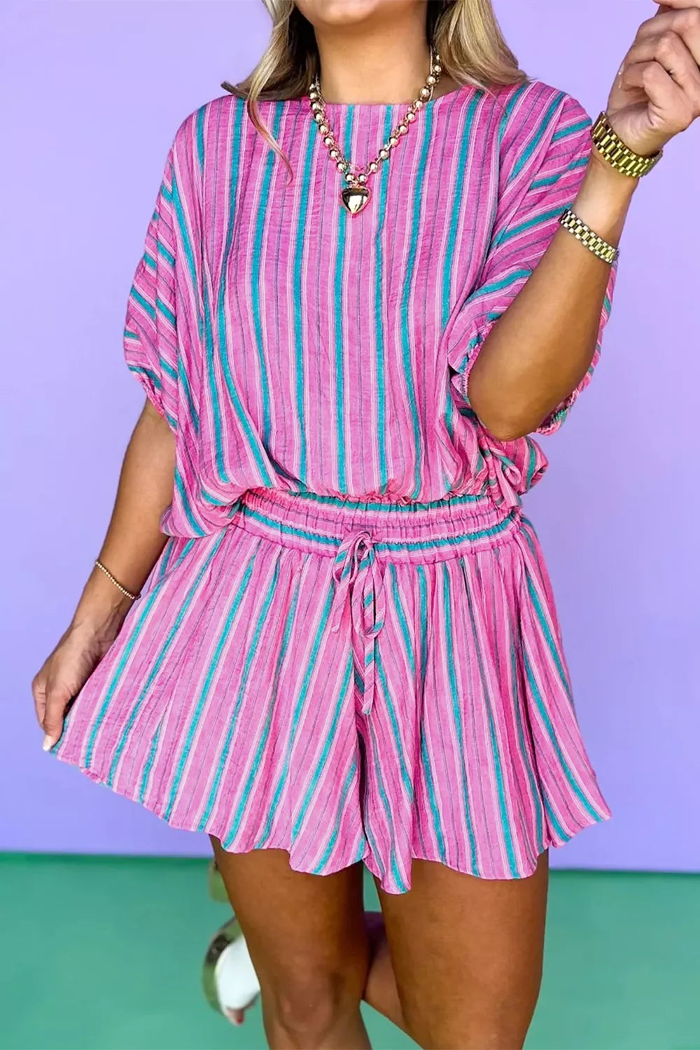 Stripe Dolman short sleeve blouse and drawstring elastic waist shorts set by Plush Fashion Hub, casual loose-fit summer outfit.
