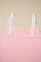Ribbed knit lace straps patchwork cropped top with floral short lounge set, featuring lettuce hem and vibrant patterns.