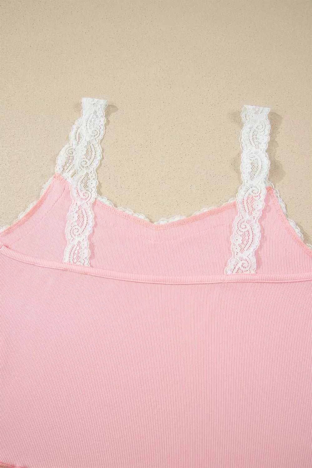 Ribbed knit lace straps patchwork cropped top with floral short lounge set, featuring lettuce hem and vibrant patterns.