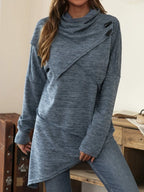 Asymmetrical hem cowl neck long sleeve t-shirt from Trendsi, stylish tops with unique design and comfortable fit.