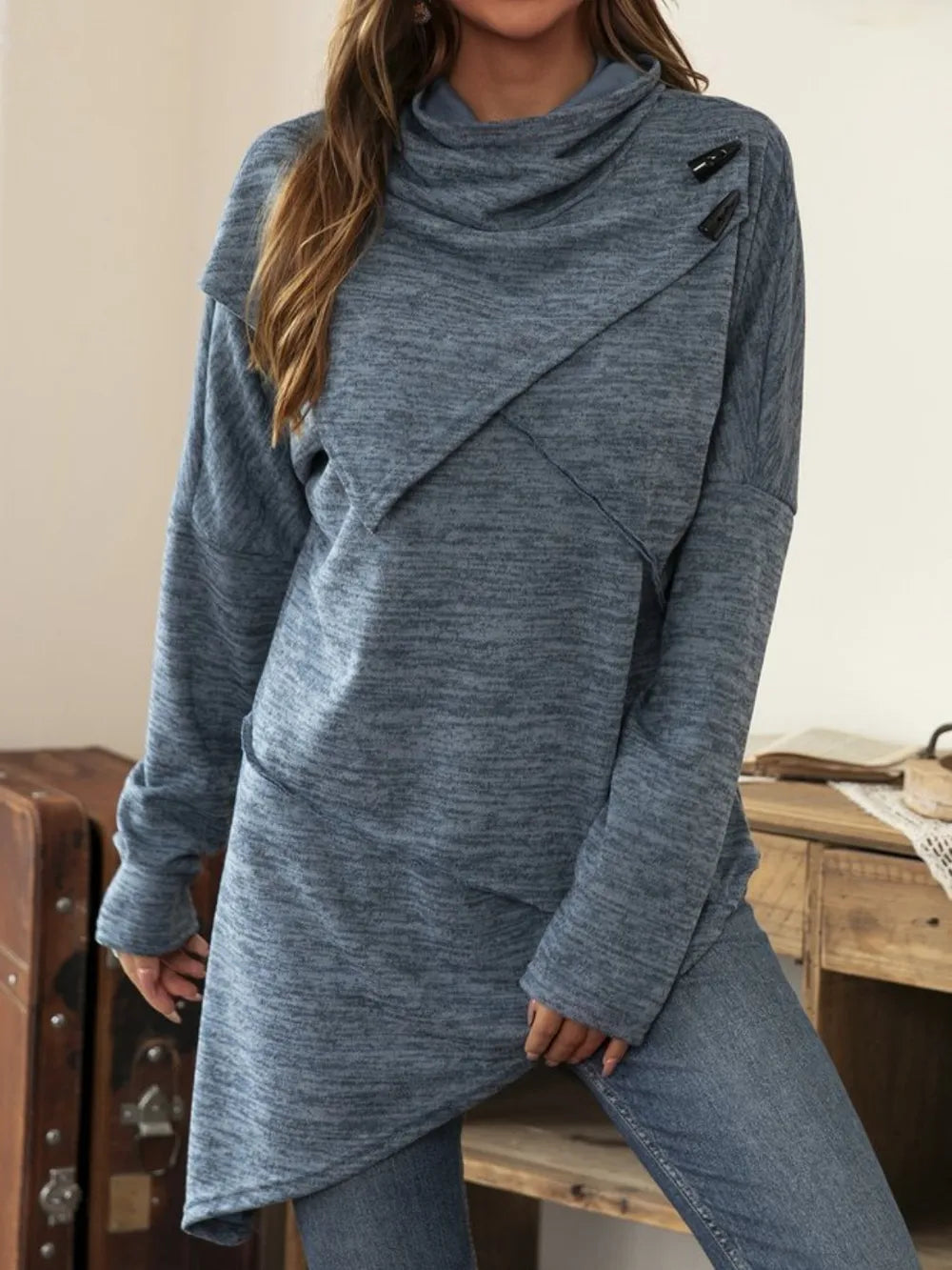 Asymmetrical hem cowl neck long sleeve t-shirt from Trendsi, stylish tops with unique design and comfortable fit.