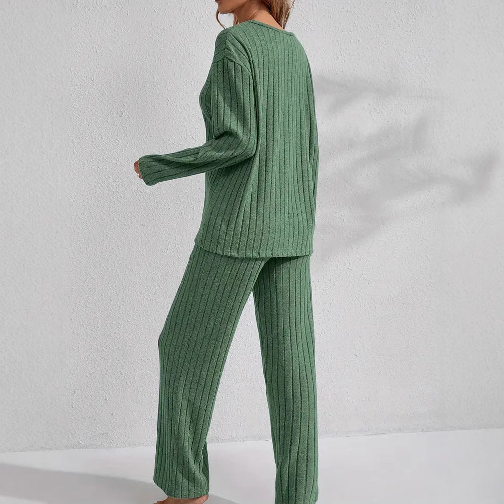 Women’s ribbed long sleeve top and pants loungewear set from FitiqueFit, featuring a cozy, casual ribbed fabric in a relaxed fit.