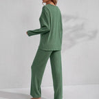 Women’s ribbed long sleeve top and pants loungewear set from FitiqueFit, featuring a cozy, casual ribbed fabric in a relaxed fit.