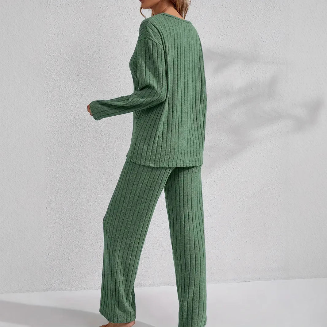 Women’s ribbed long sleeve top and pants loungewear set from FitiqueFit, featuring a cozy, casual ribbed fabric in a relaxed fit.
