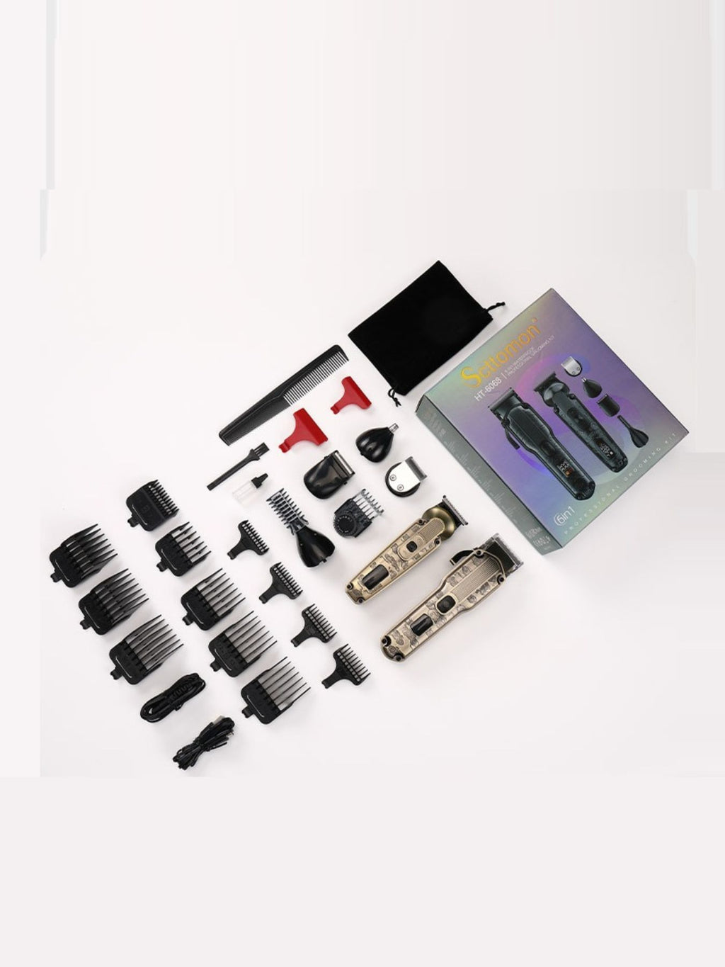 Professional 19-piece LED display hair clipper and grooming kit for men, includes various attachments, stored in a sleek black case.