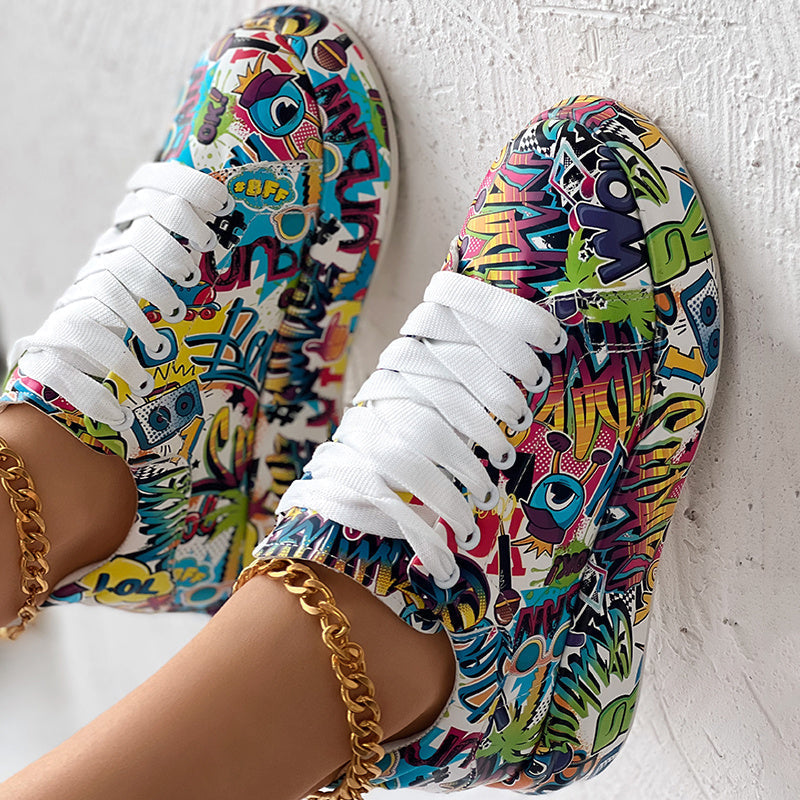 Women’s round-toe thick-sole lace-up sneakers by Plush Fashion Hub with casual print design, footwear perfect for everyday wear.