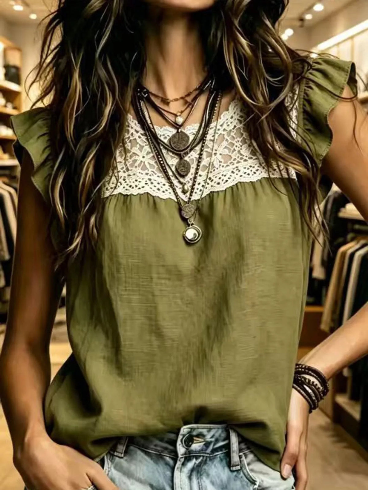 Plus size full lace trim ruffle sleeve blouse by Trendsi, featuring short sleeves and feminine lace detailing.