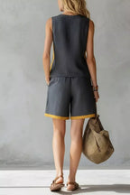 Contrast trim sleeveless tank and shorts loungewear set from Trendsi, casual clothing set with comfortable fabric and stylish design.