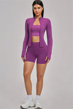 Fitglutes Activewear 3-piece set featuring a sporty vision jacket, breathable sports bra, and matching shorts for workout comfort.
