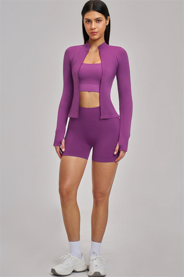 Fitglutes Activewear 3-piece set featuring a sporty vision jacket, breathable sports bra, and matching shorts for workout comfort.