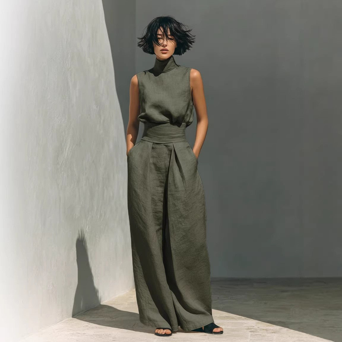 Women’s casual two-piece set by FitiqueFit featuring a sleeveless top and wide-leg pants, perfect for relaxed, stylish wear.