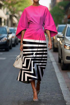 Plush Fashion Hub geometric print batwing sleeve flowy maxi dress in casualwear style, available in XS to XXXL sizes.